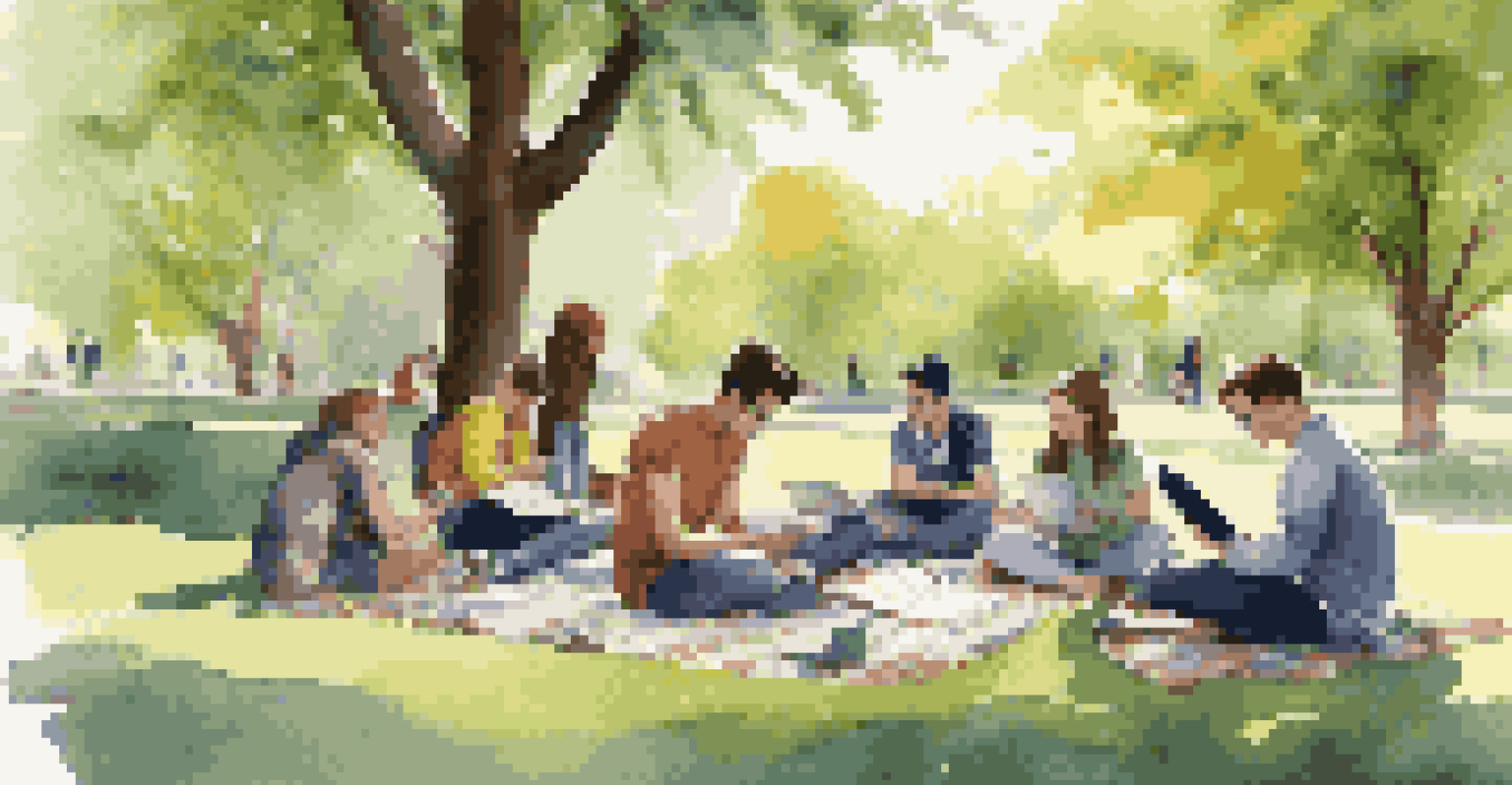 A group of students studying together in a park, sitting on blankets and collaborating on projects surrounded by nature.