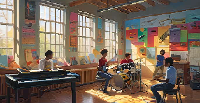 A lively classroom filled with students learning music, surrounded by instruments and educational posters, illuminated by sunlight.