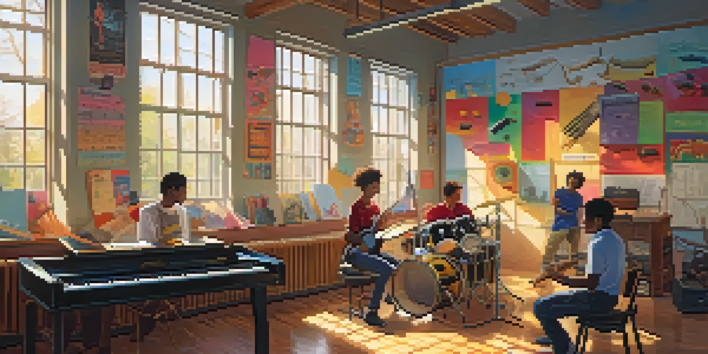 A lively classroom filled with students learning music, surrounded by instruments and educational posters, illuminated by sunlight.