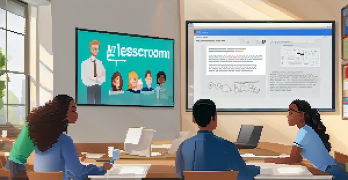 An online classroom with students and a teacher on a video call, surrounded by educational materials.