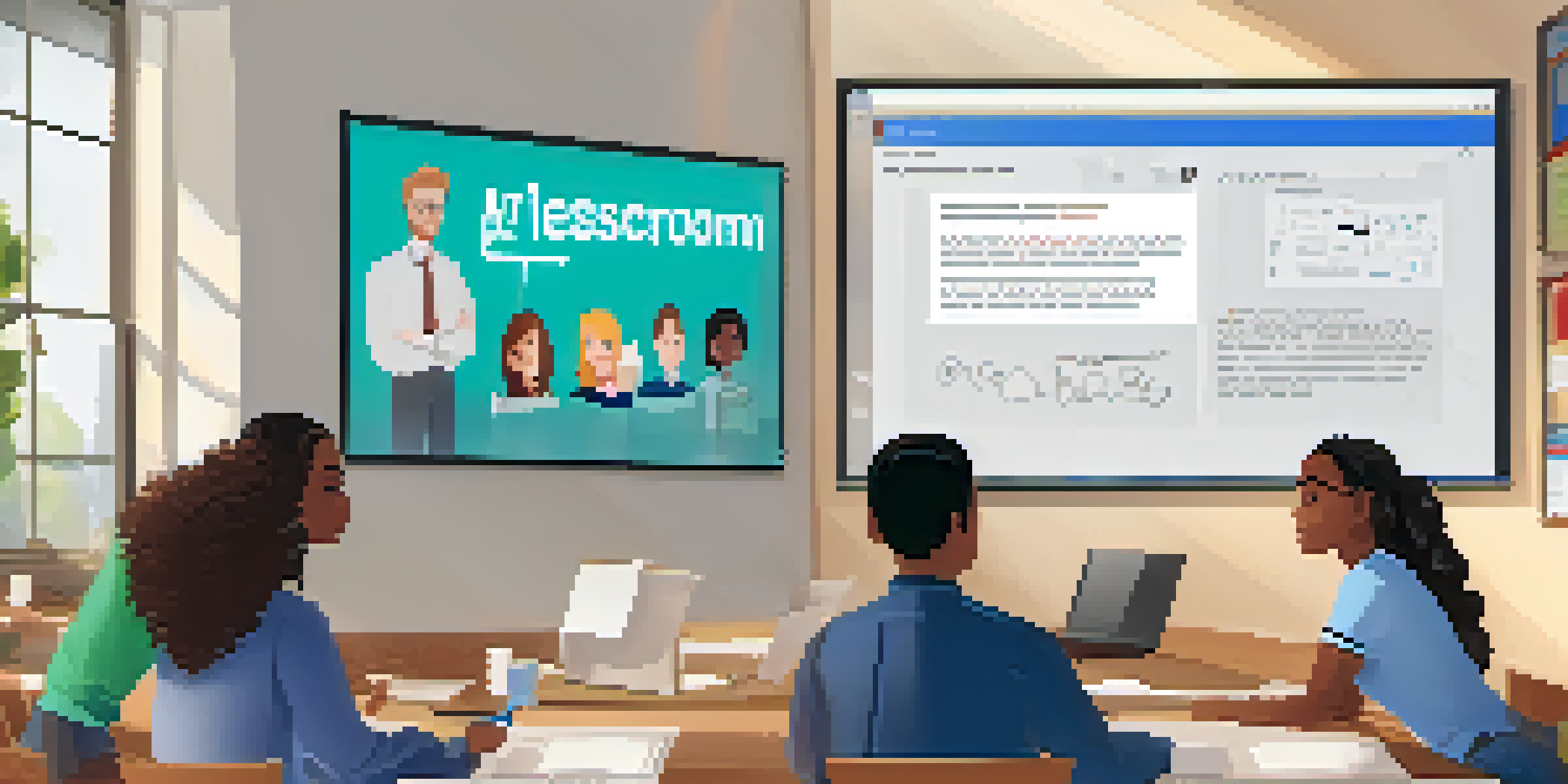 An online classroom with students and a teacher on a video call, surrounded by educational materials.