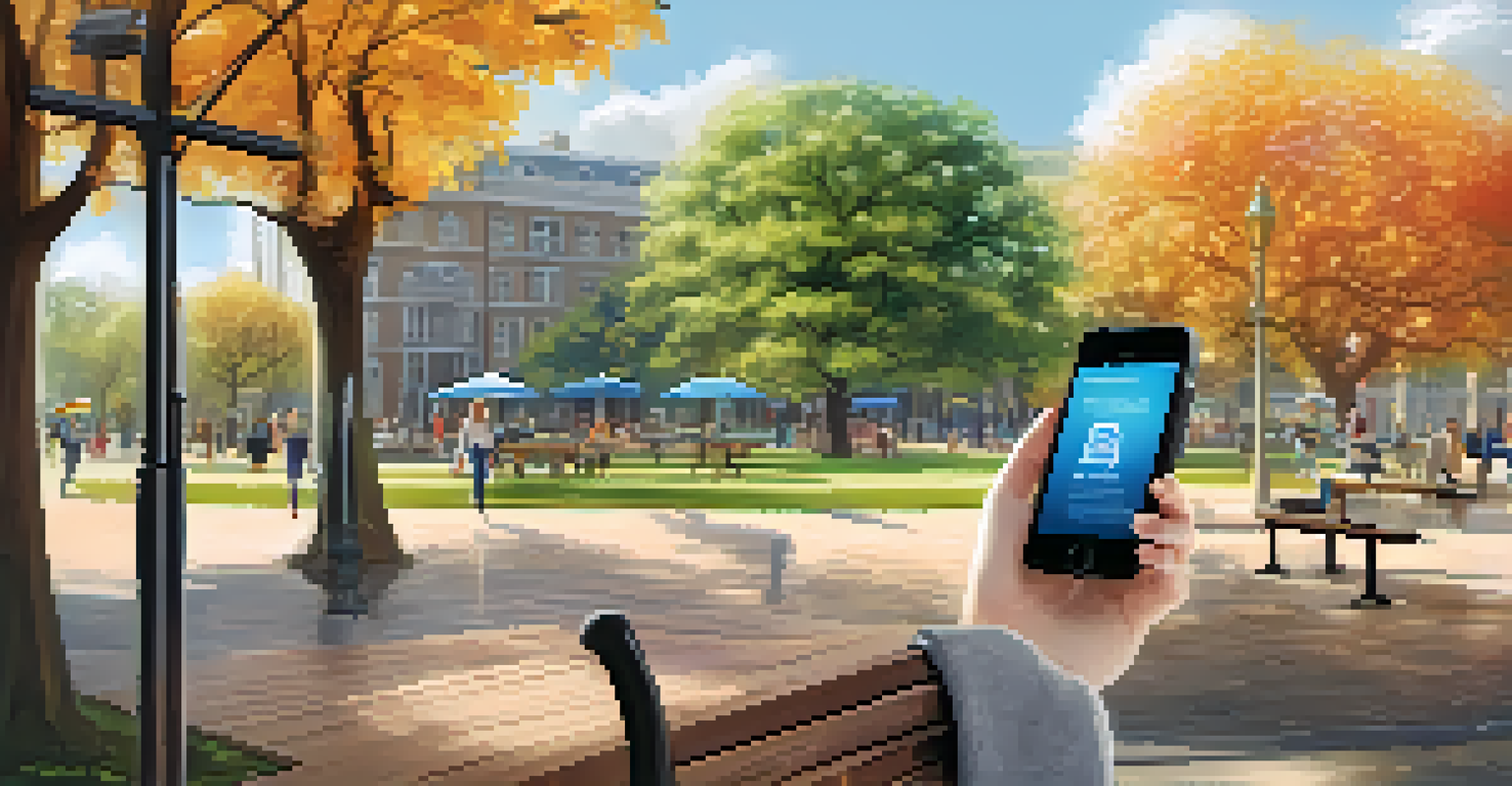 A student in a park using a smartphone for AR language learning, interacting with floating text bubbles that provide translations of nearby objects.