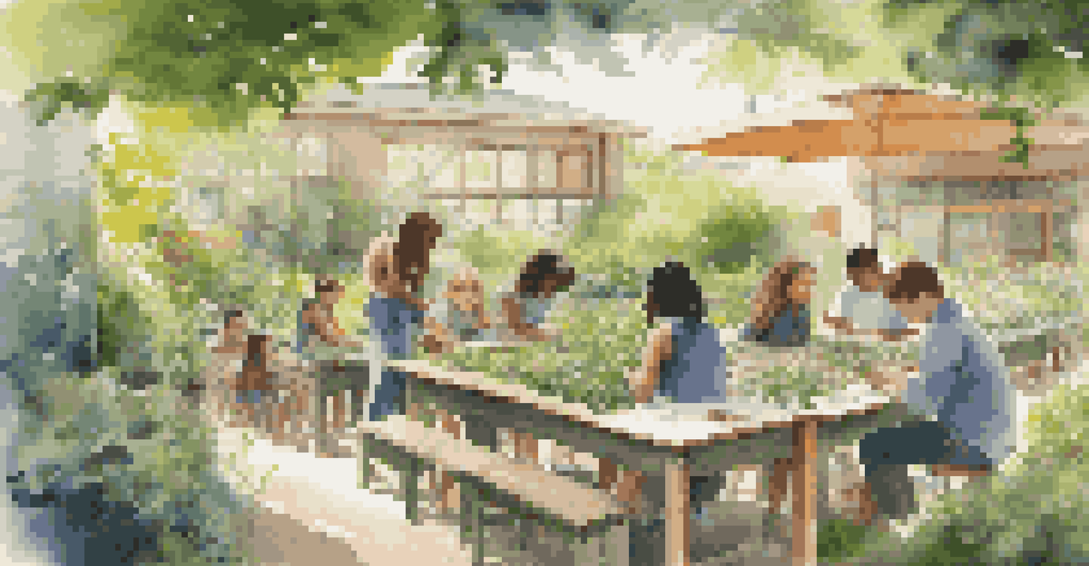 Students in an outdoor classroom in a lush garden, engaged in biology activities with sunlight filtering through the leaves.