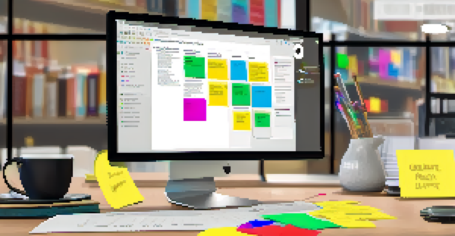 A computer screen showing a collaborative project with sticky notes and highlighted text, set in a cozy workspace.