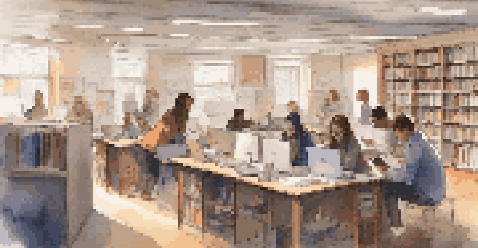 Students collaborating in a library, working on laptops surrounded by books, with a whiteboard filled with notes in a warm-lit environment.