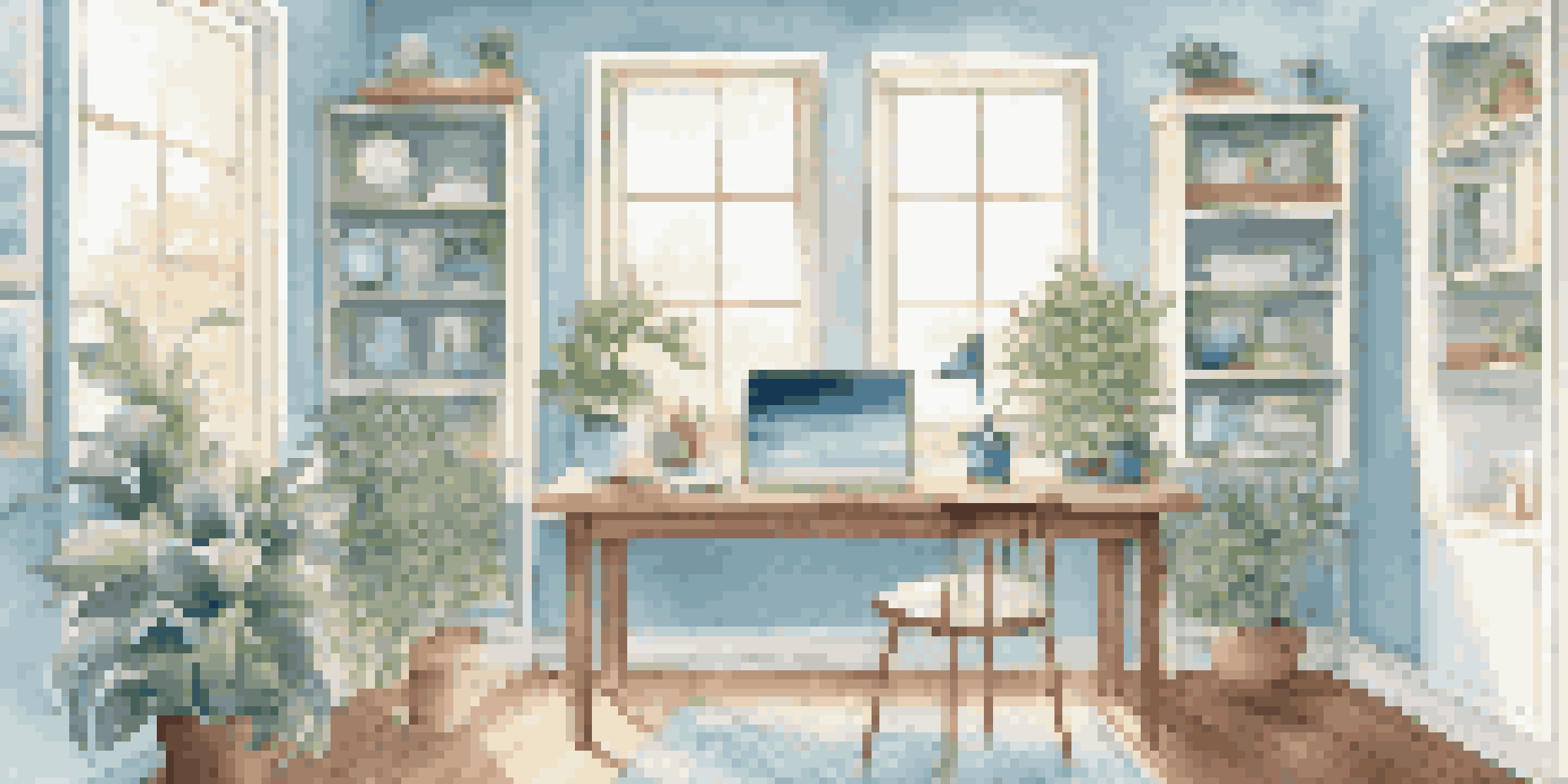 A bright and organized home office with a laptop, plant, and herbal tea on a wooden desk, illuminated by sunlight from a large window.