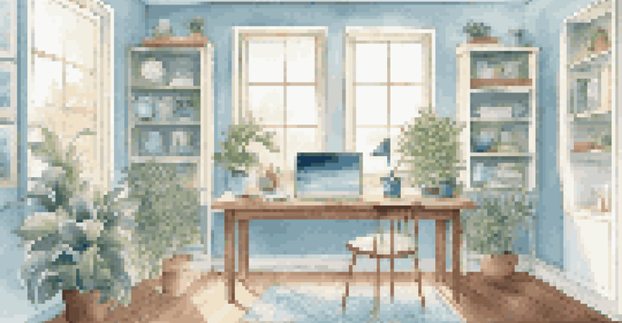 A bright and organized home office with a laptop, plant, and herbal tea on a wooden desk, illuminated by sunlight from a large window.