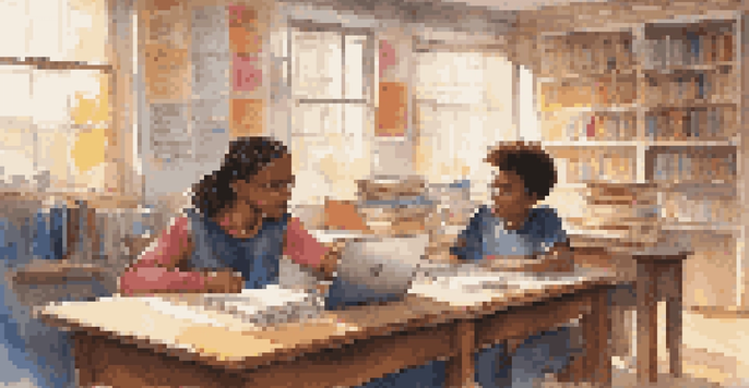 A mentor and a student in a classroom, discussing over a laptop with books around, illuminated by warm natural light.