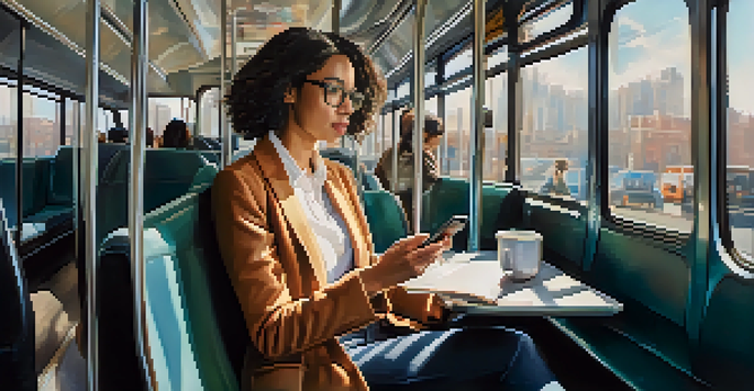 A professional woman on a bus, focused on her smartphone while learning a language, with city scenery outside.