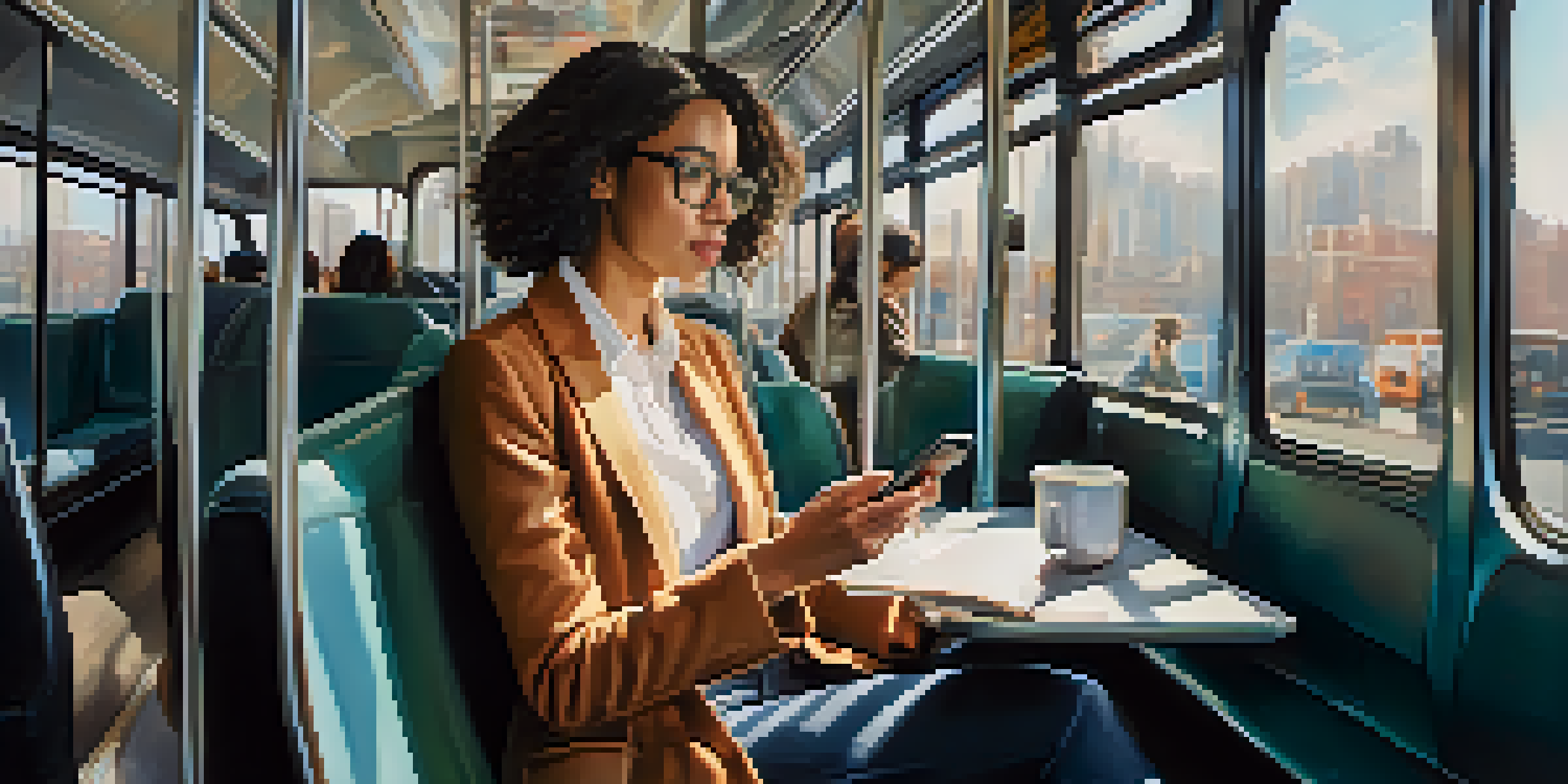 A professional woman on a bus, focused on her smartphone while learning a language, with city scenery outside.