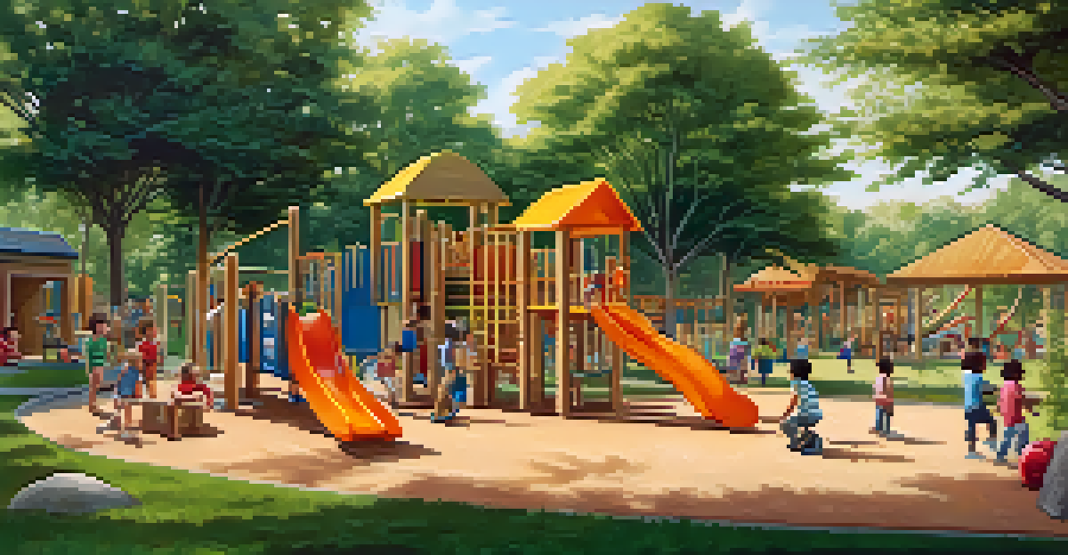 Children playing together in a sunny playground filled with trees and greenery, engaging in imaginative activities.