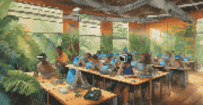 A classroom filled with students wearing virtual reality headsets, exploring the Amazon Rainforest, with educational posters on the walls and natural light coming through the windows.