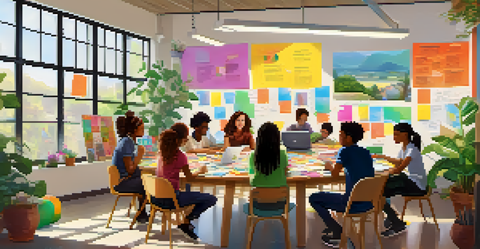 A colorful classroom with diverse students working together at a round table, surrounded by educational materials and sunlight.