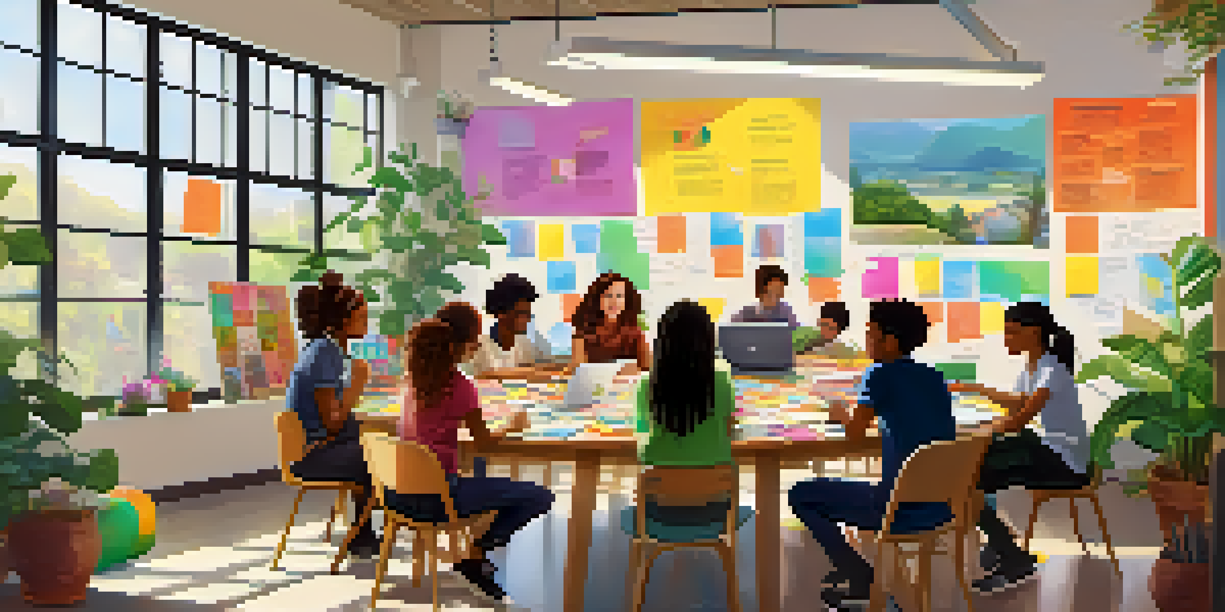 A colorful classroom with diverse students working together at a round table, surrounded by educational materials and sunlight.
