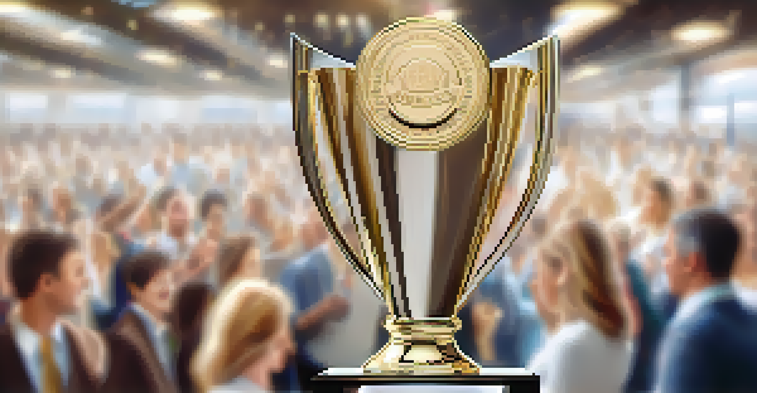 A hand holding a glass award trophy with blurred coworkers cheering in the background.
