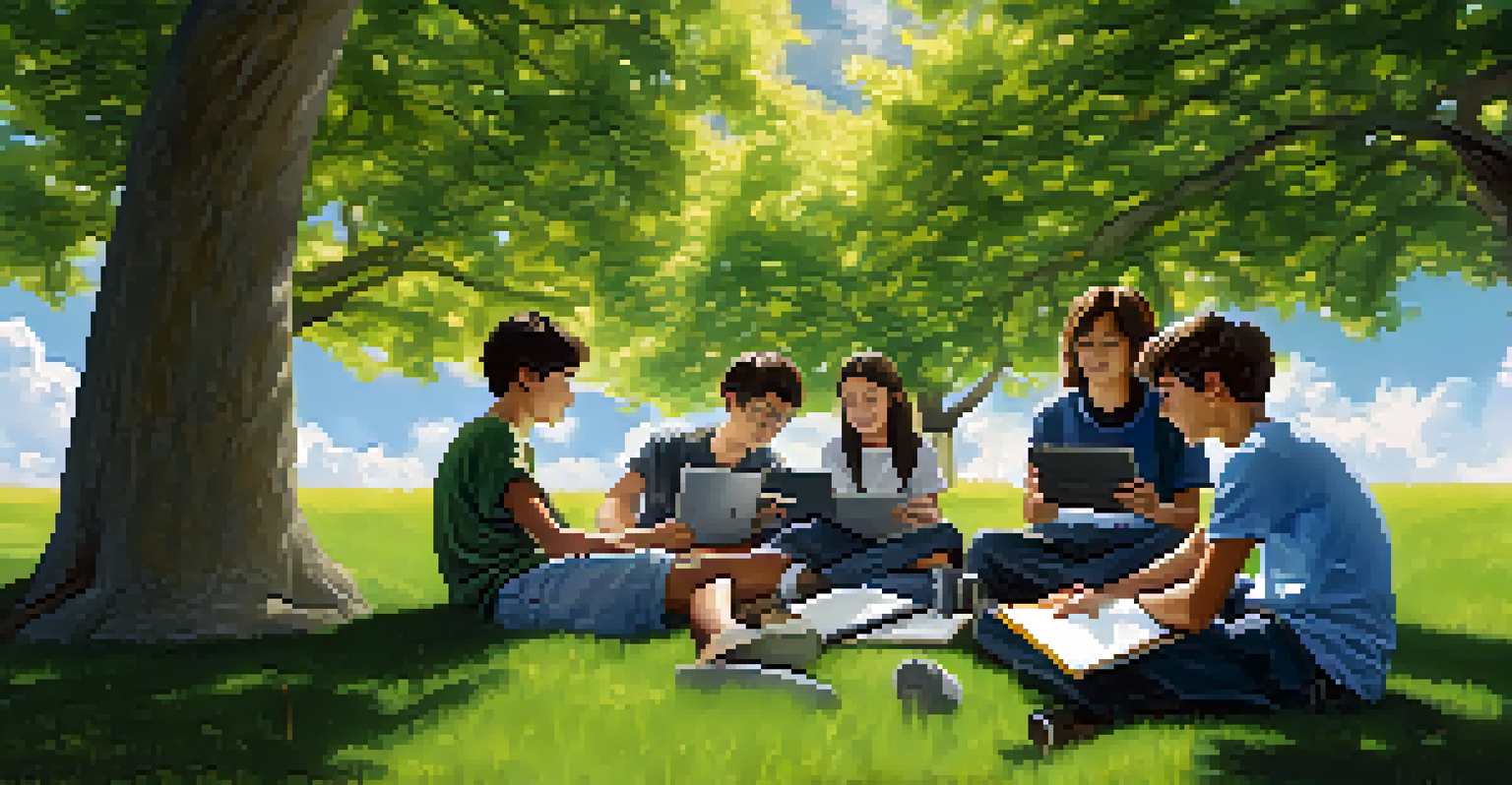 Students working together outdoors on a project, using mobile devices and collaborating in a natural setting.