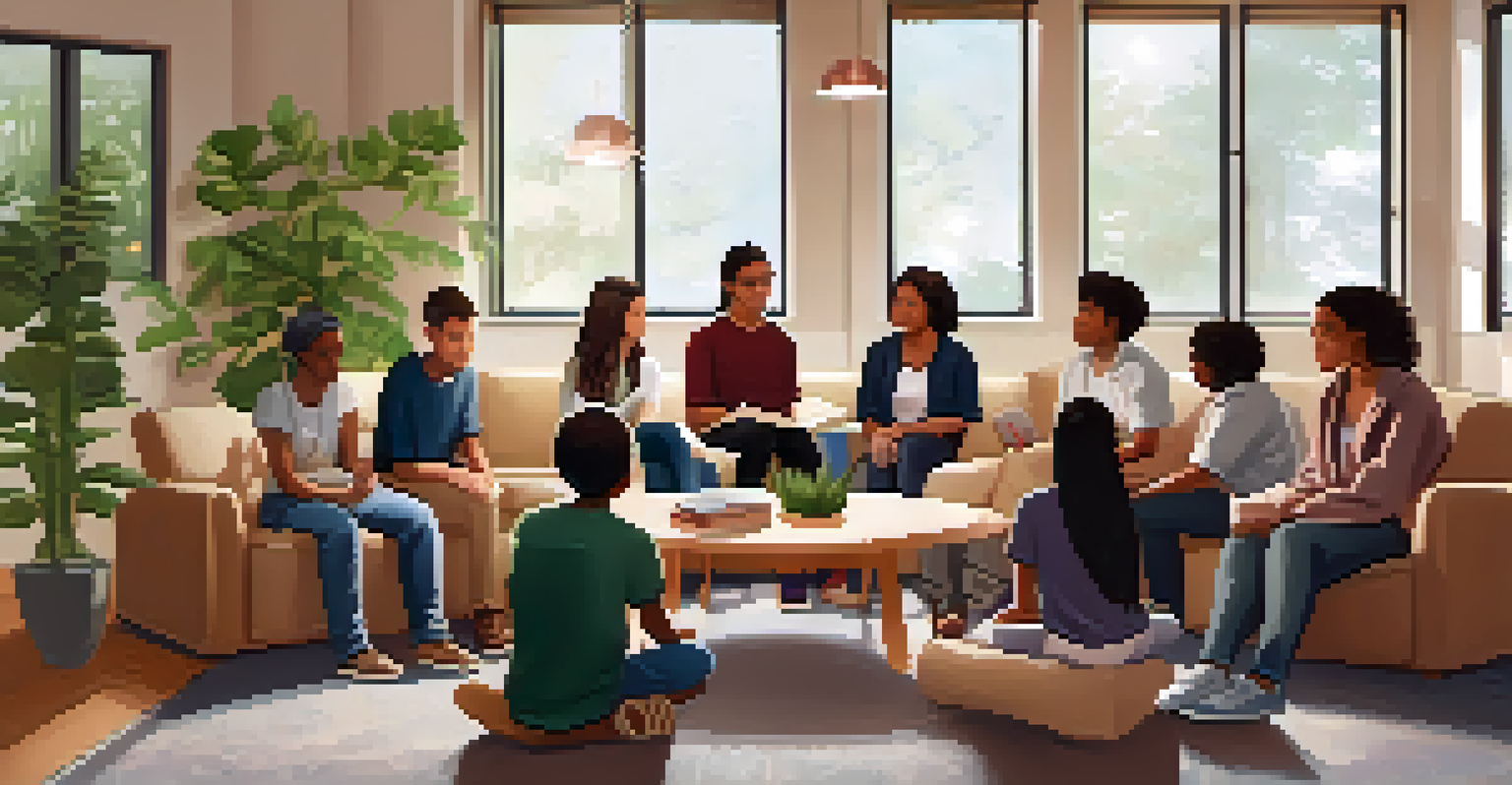 A cozy support group session with gifted students sharing their feelings in a warm, inviting room.