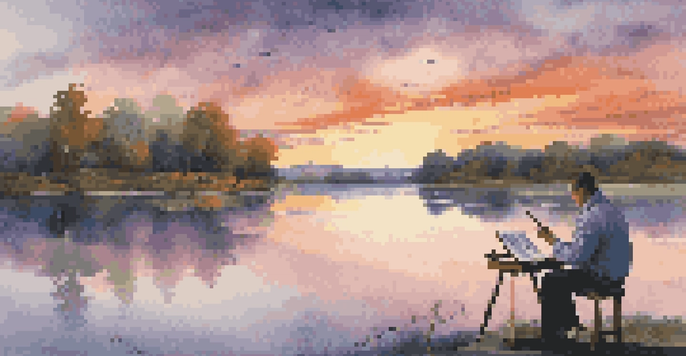 A painter at a lake during sunset, with scientific instruments nearby, representing the blend of art and science.