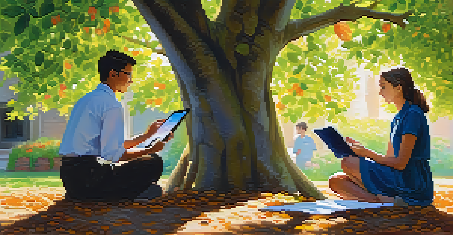 Two teachers engaged in a mentoring session under a tree, using a tablet to discuss new teaching methods in a school garden.