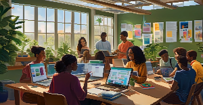 A diverse group of students collaborating in an online learning environment, surrounded by colorful decor and natural light.