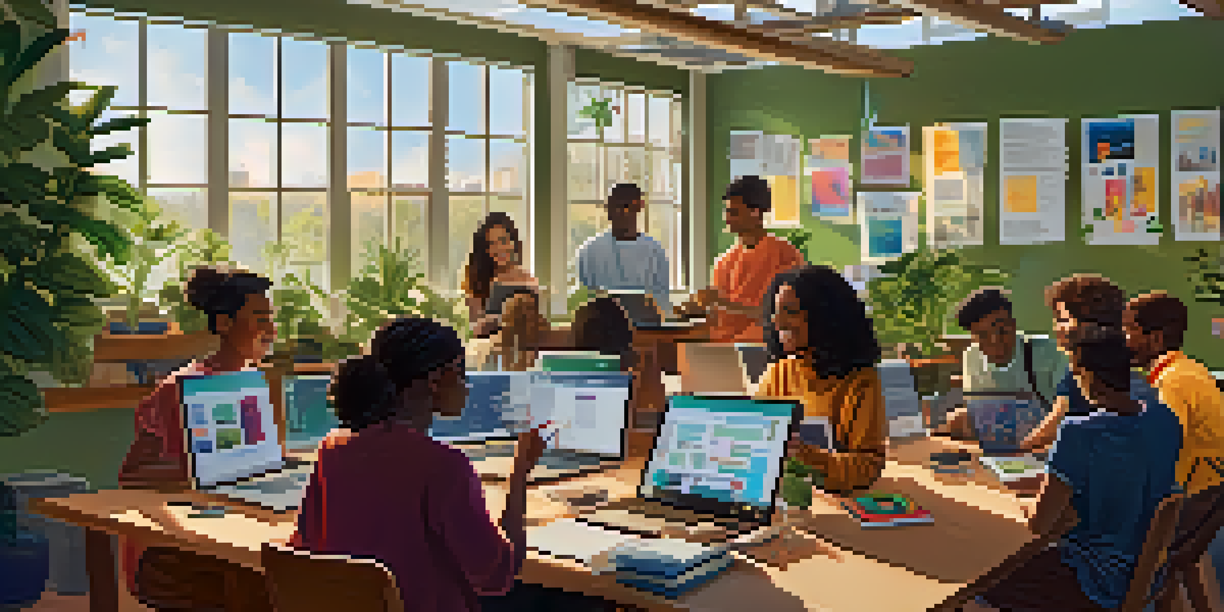 A diverse group of students collaborating in an online learning environment, surrounded by colorful decor and natural light.