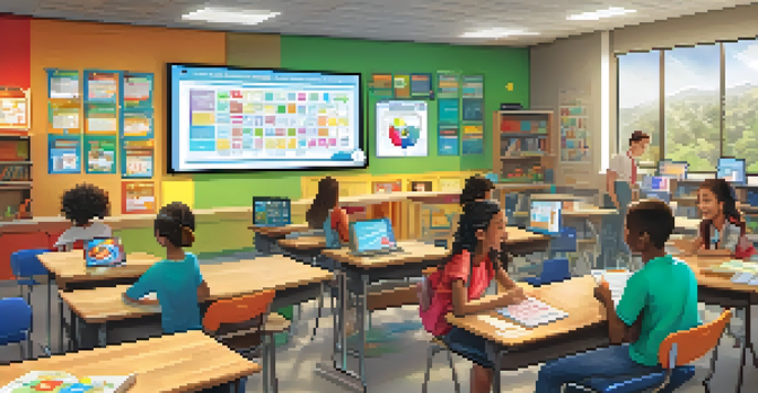 A colorful classroom with diverse students using tablets for gamified learning, with a teacher guiding them and a scoreboard in the background.