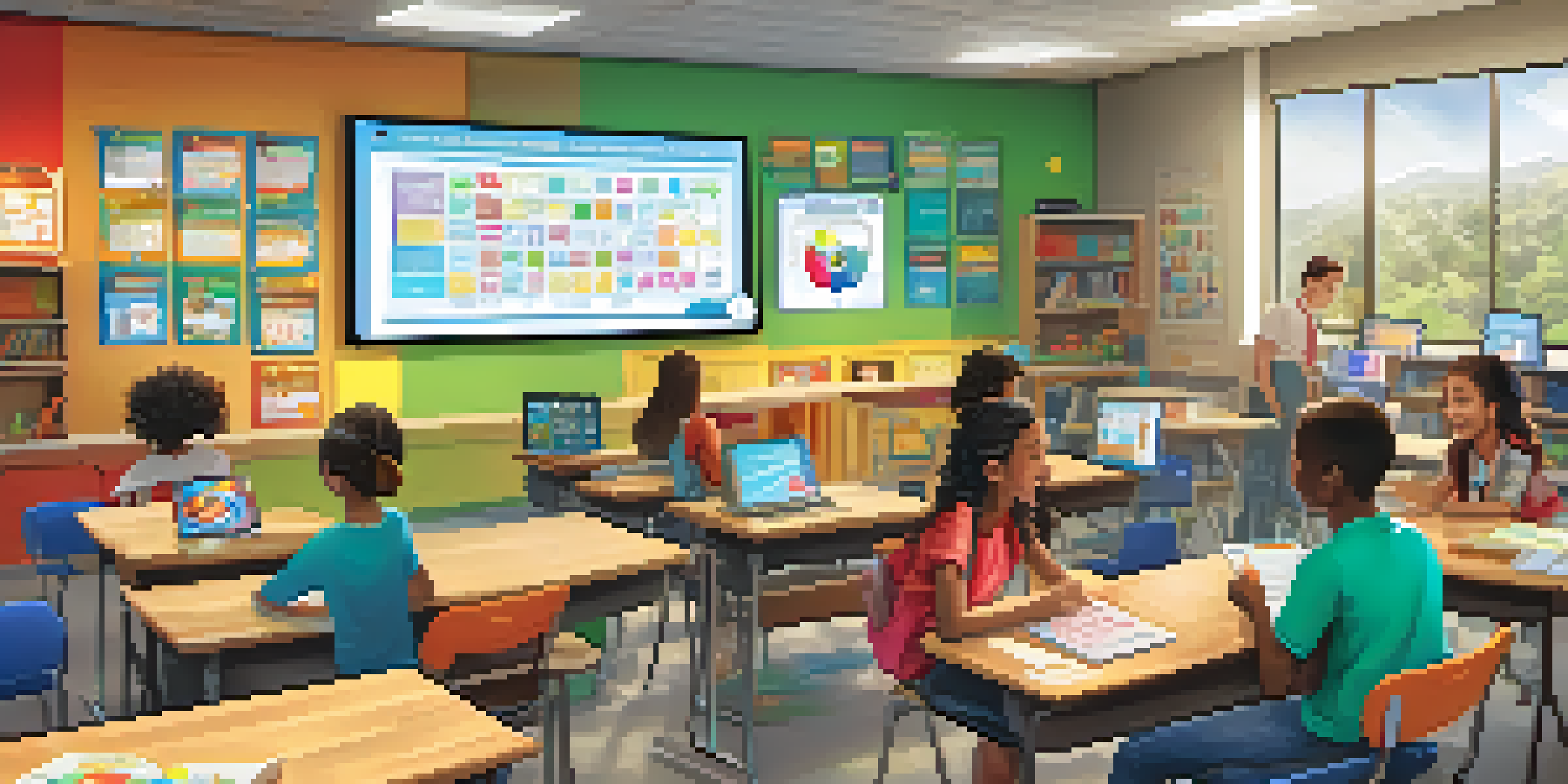 A colorful classroom with diverse students using tablets for gamified learning, with a teacher guiding them and a scoreboard in the background.