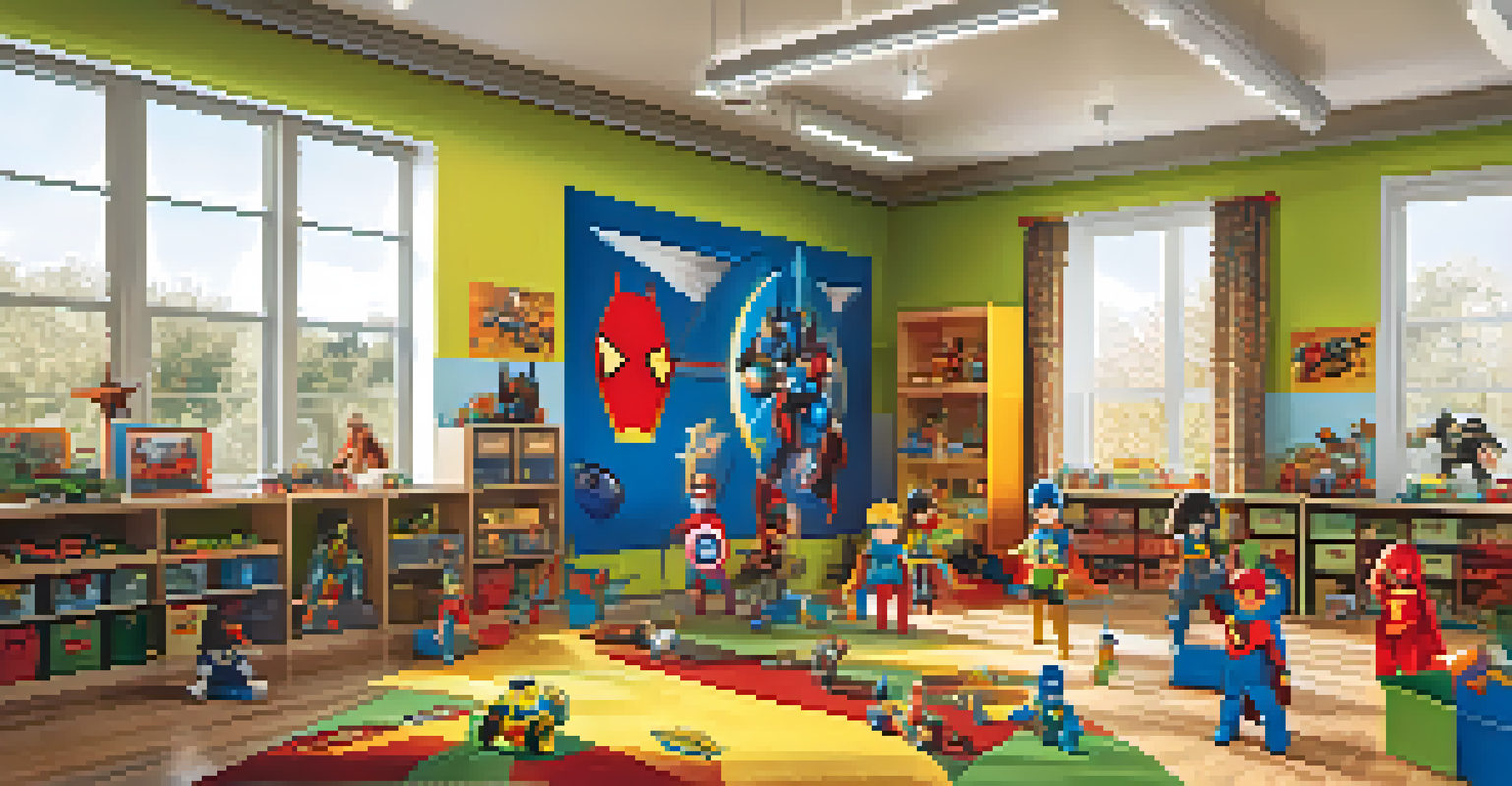 Children dressed as superheroes playing a role-playing game in a colorful room filled with toys and art supplies.