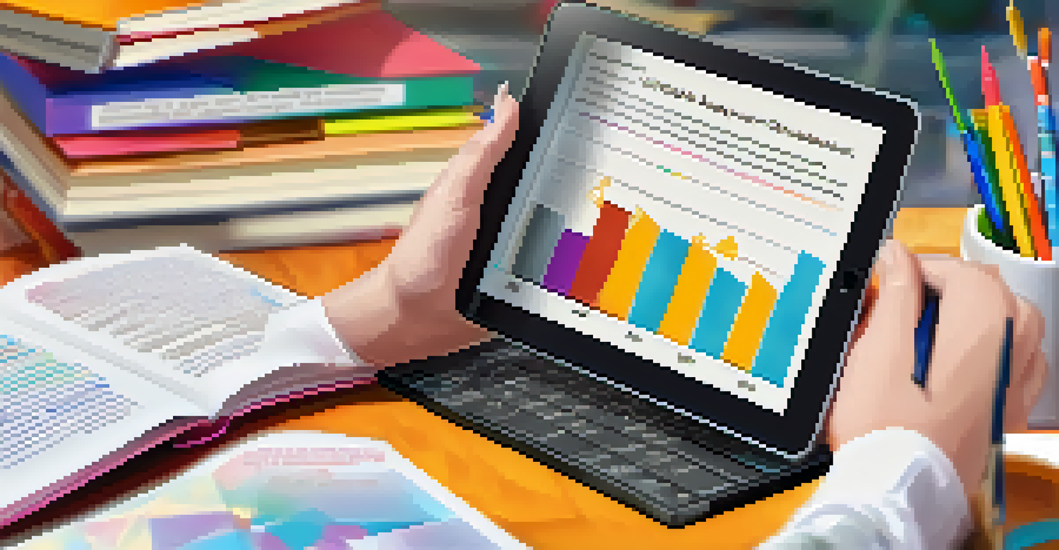 A hand holding a tablet with an infographic on learning objectives, with a cozy study area in the background.