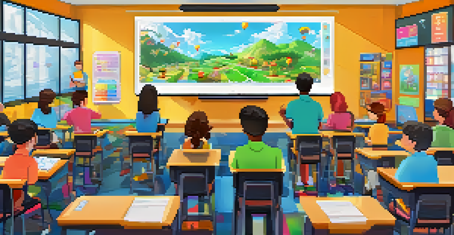 A lively classroom scene where students are engaged in a gamified quiz game, showcasing inclusivity and teamwork.