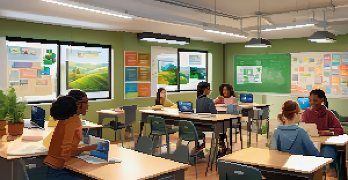 A hybrid classroom with students participating in both physical discussions and online learning, featuring natural light and educational decorations.