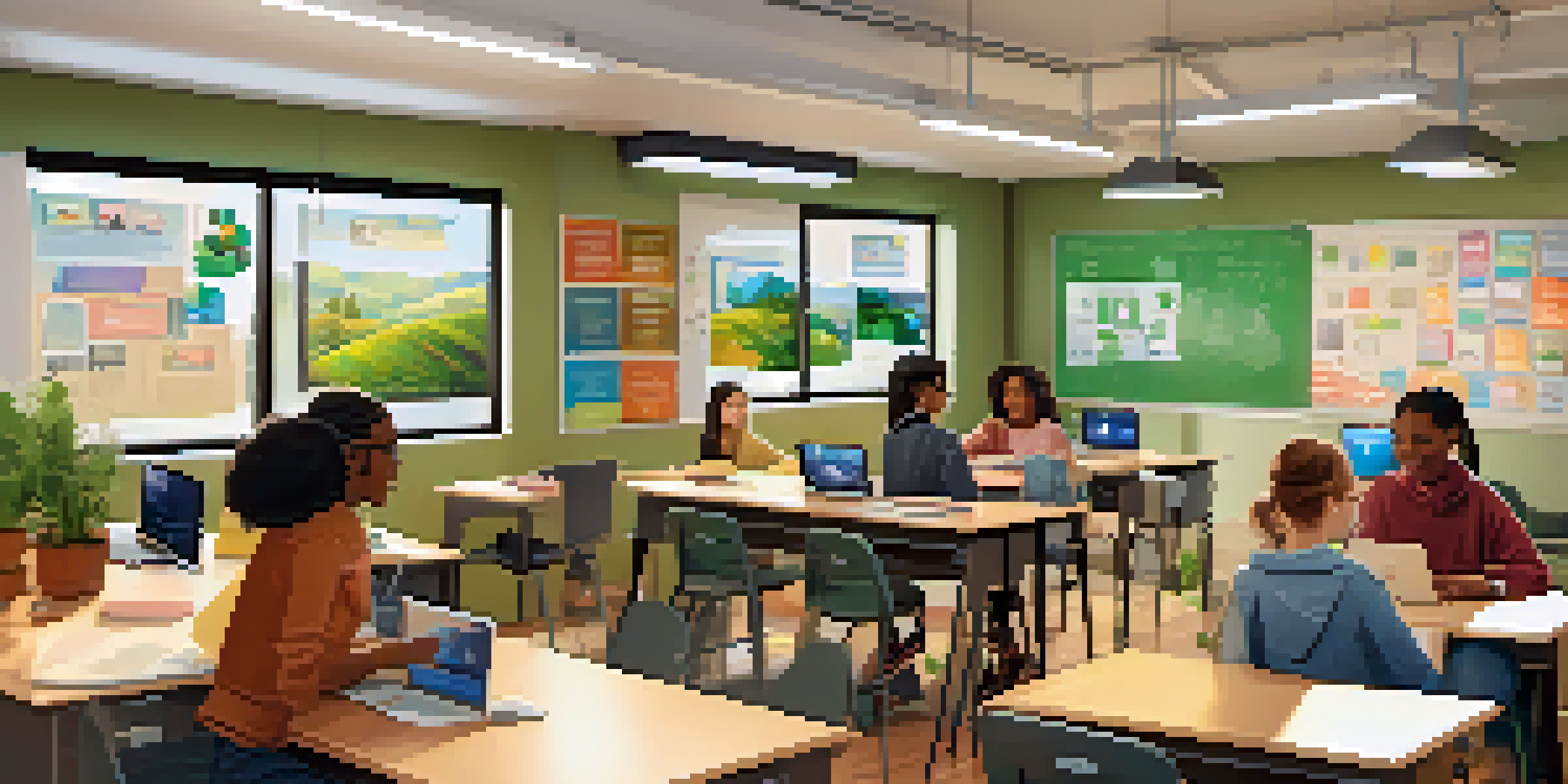 A hybrid classroom with students participating in both physical discussions and online learning, featuring natural light and educational decorations.