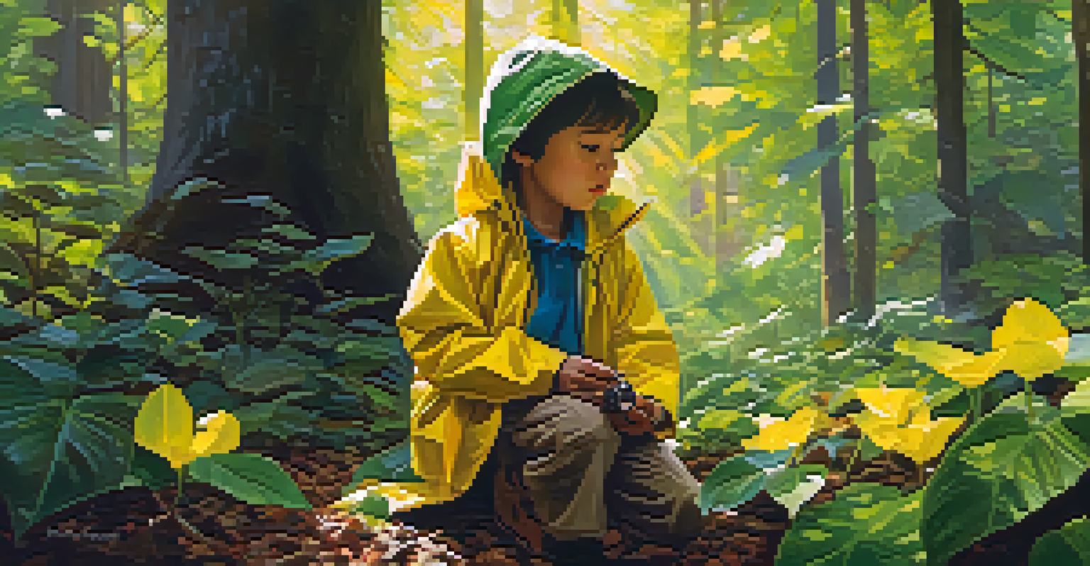 A child in a yellow raincoat kneeling in a colorful forest, observing an insect on a leaf, surrounded by greenery and sunlight.
