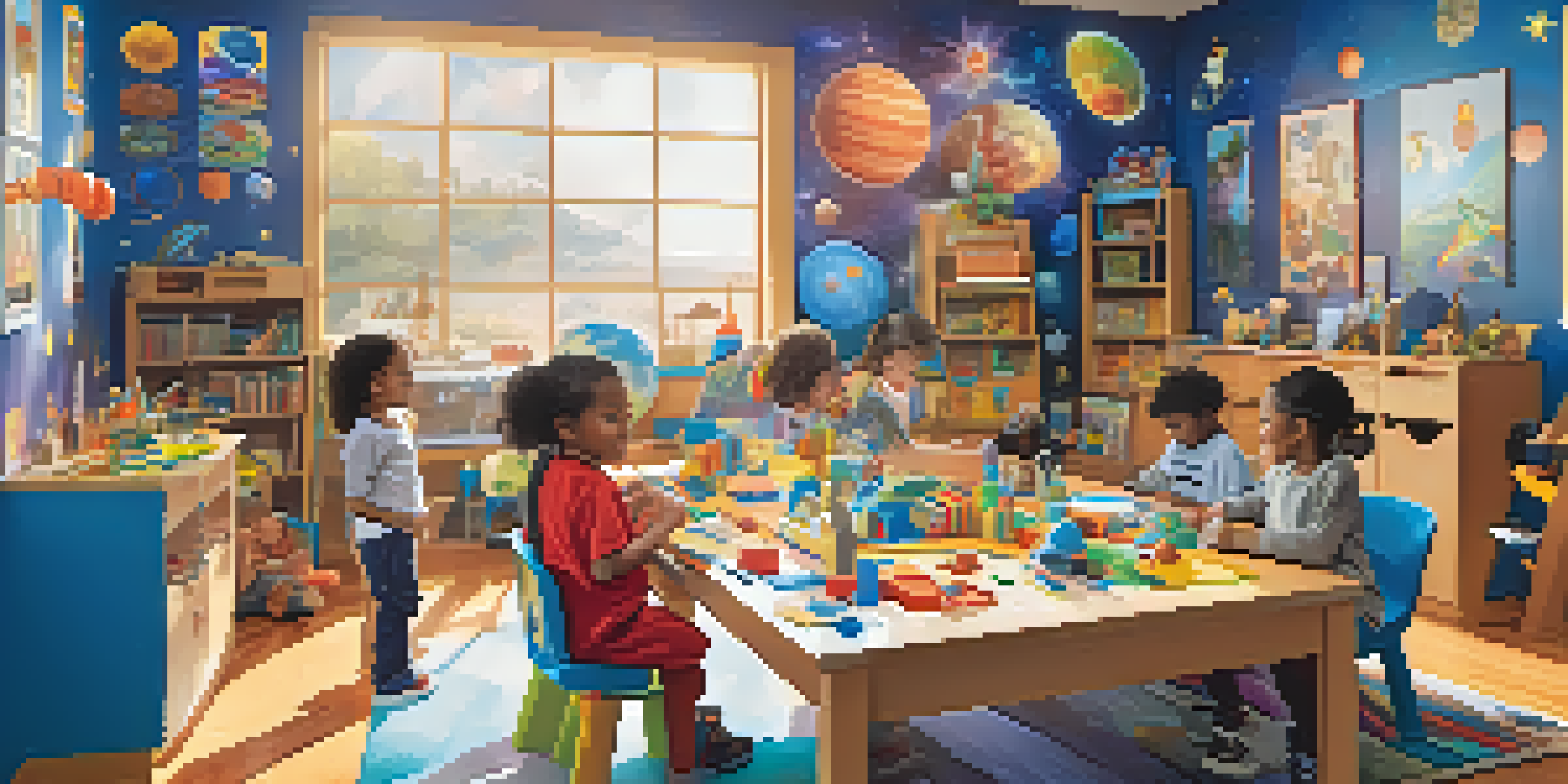 A classroom filled with children playing and learning, some dressed as astronauts, with colorful space decorations and block structures.