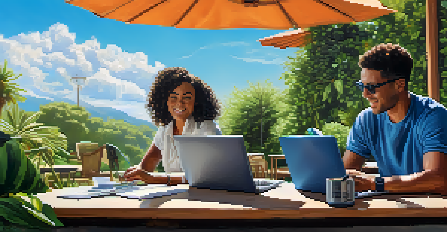 Two individuals working together in an outdoor coffee shop, collaborating on laptops amidst a vibrant green setting.