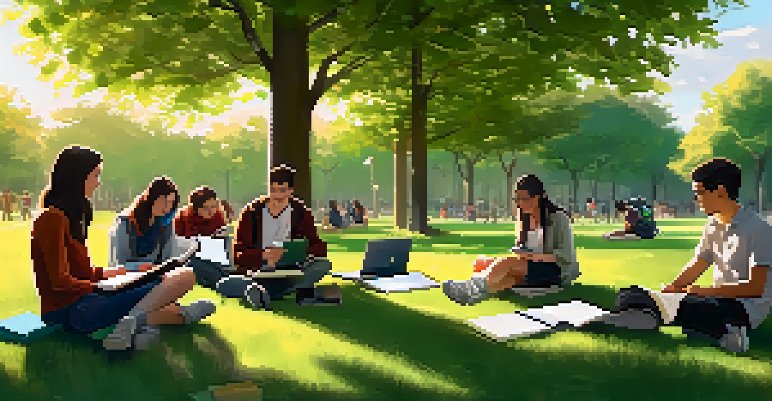 Students of different backgrounds collaborating outdoors, discussing ideas with a laptop and notebook in a sunny, grassy area.