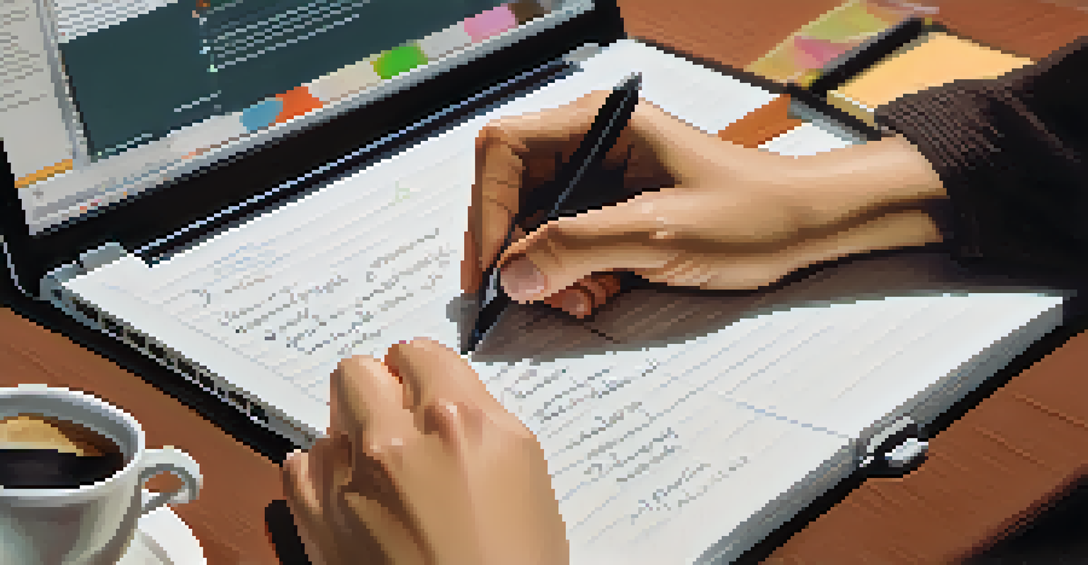 Close-up of hands taking notes while looking at feedback on a laptop screen in a warm and inviting study space.