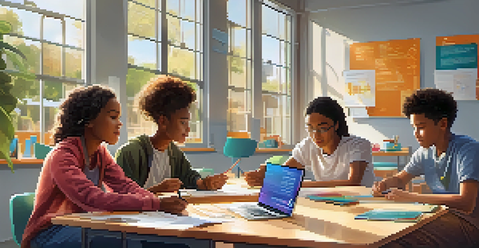 A vibrant classroom with diverse students working together using tablets and discussing projects.