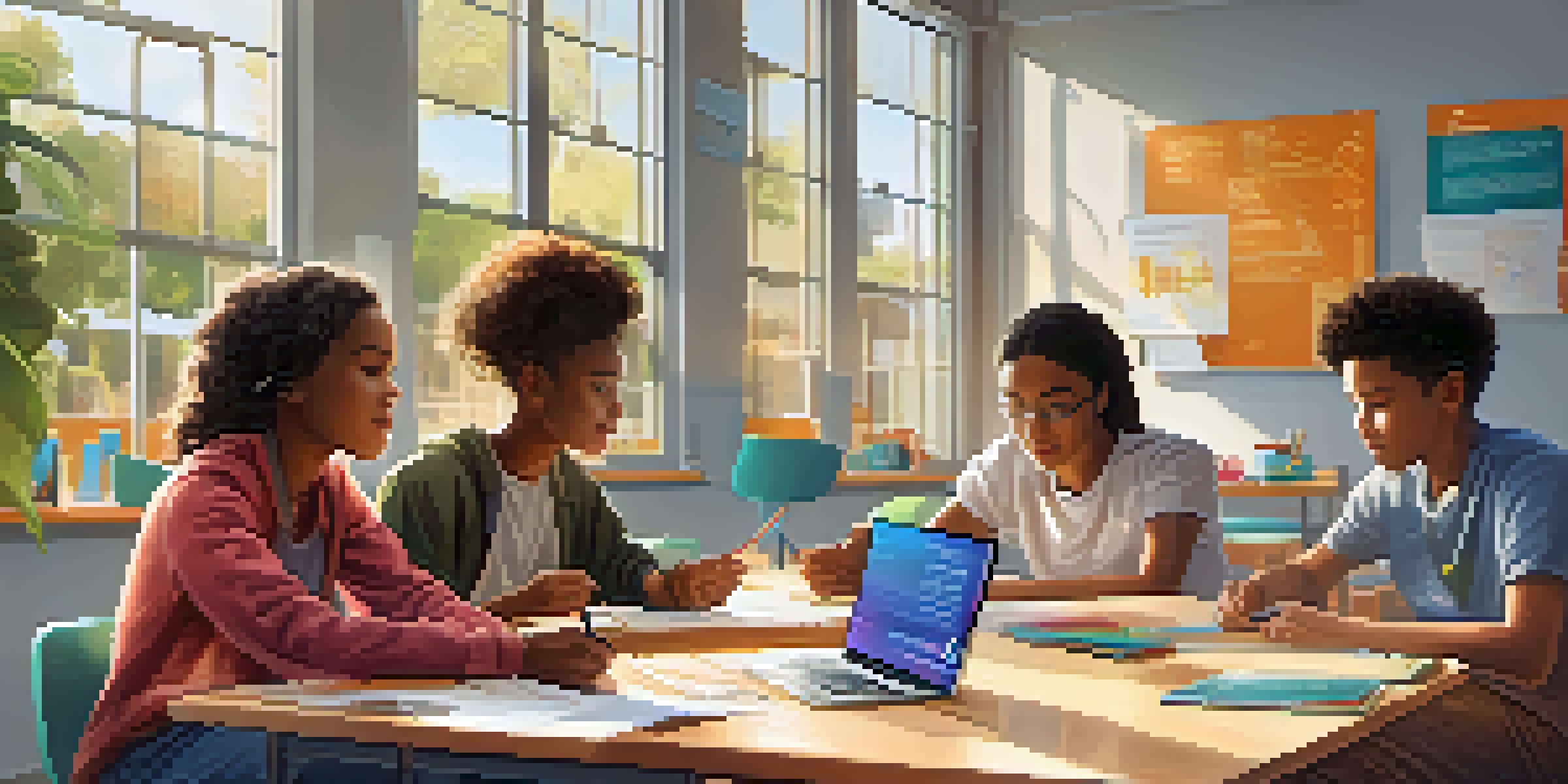 A vibrant classroom with diverse students working together using tablets and discussing projects.