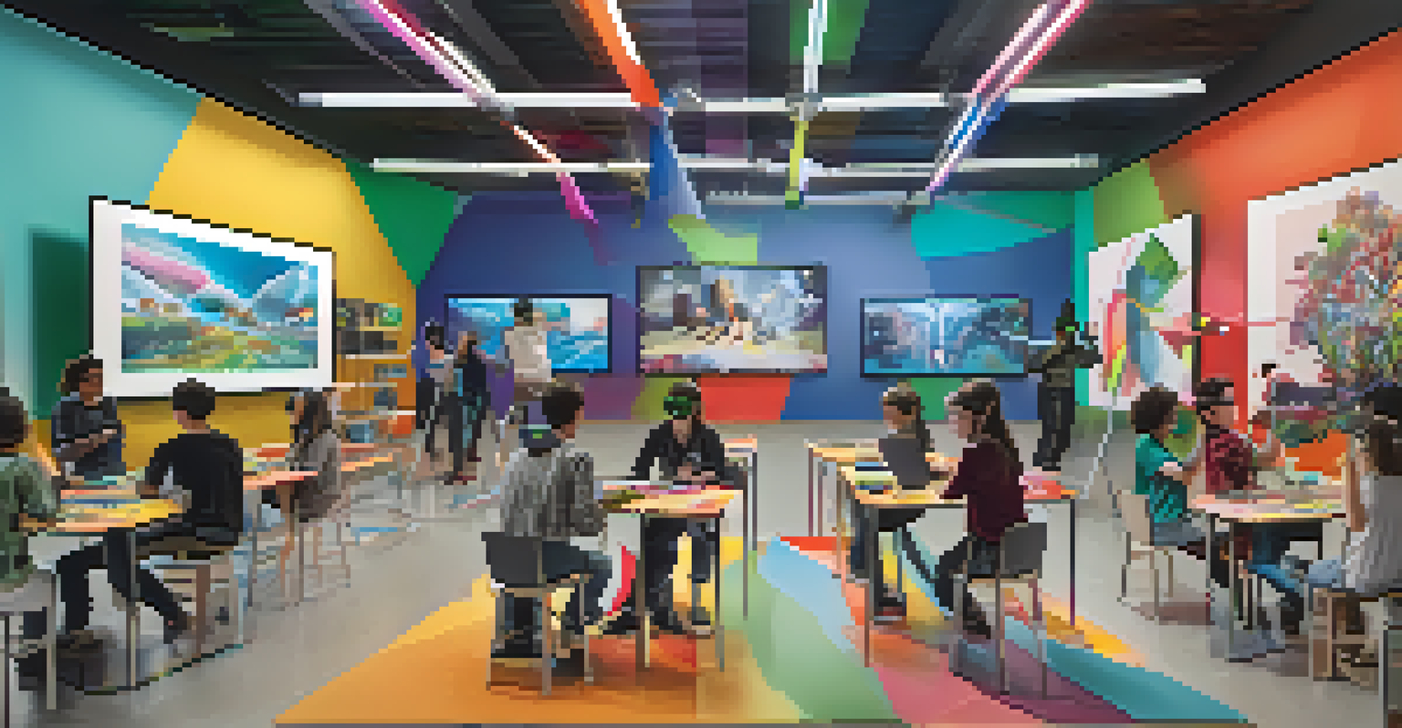 Students in a modern classroom using virtual reality headsets to explore art, surrounded by technology and colorful artwork, engaging in an immersive learning experience.