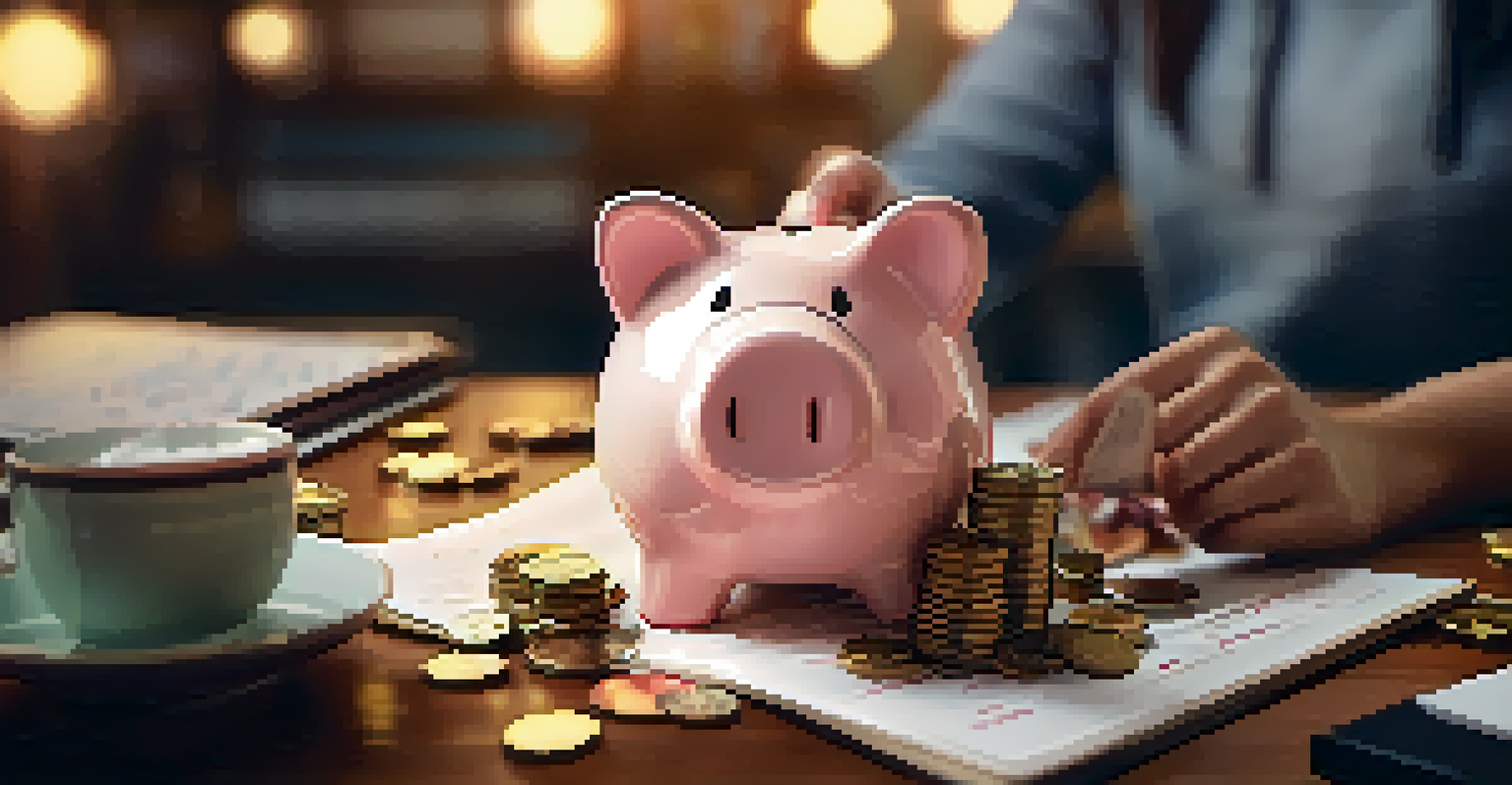 A close-up of hands holding a piggy bank with coins and a notepad in the background, emphasizing financial management.