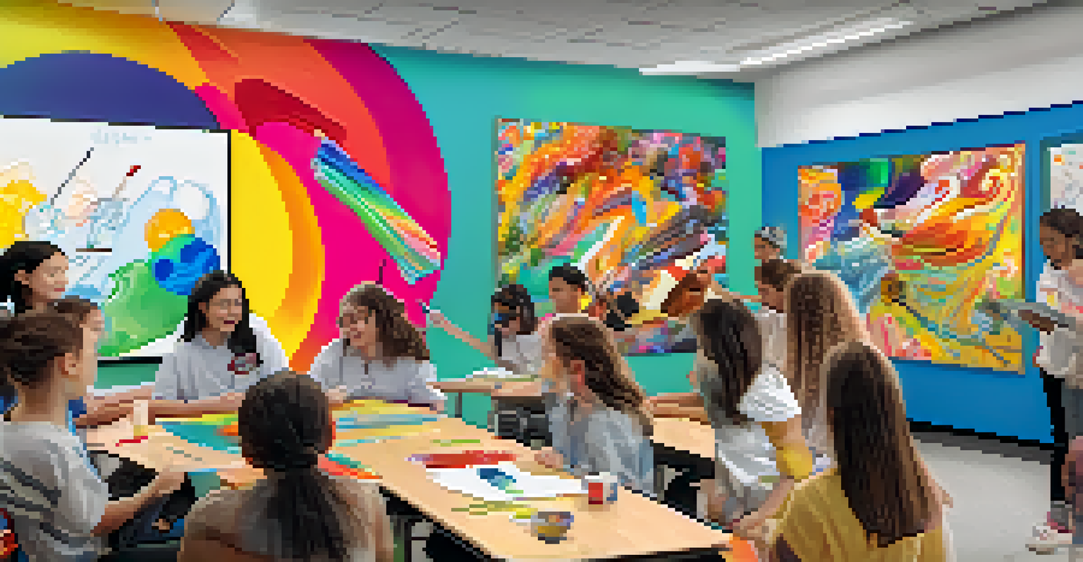 Students collaborating on an augmented reality art project, creating a colorful mural with digital tools in a lively classroom environment.