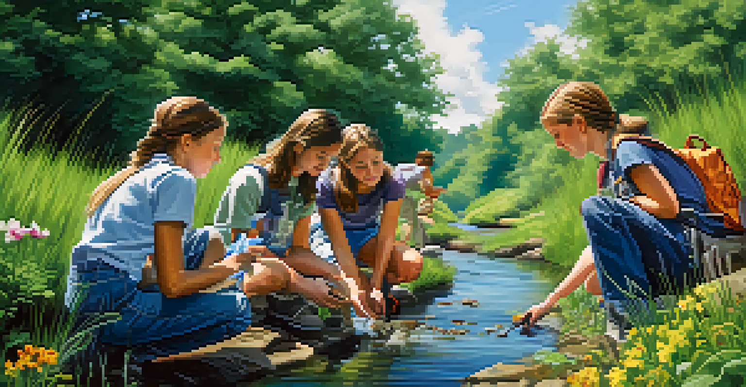 Students outdoors, engaged in a science project by a stream, surrounded by lush greenery and flowers.