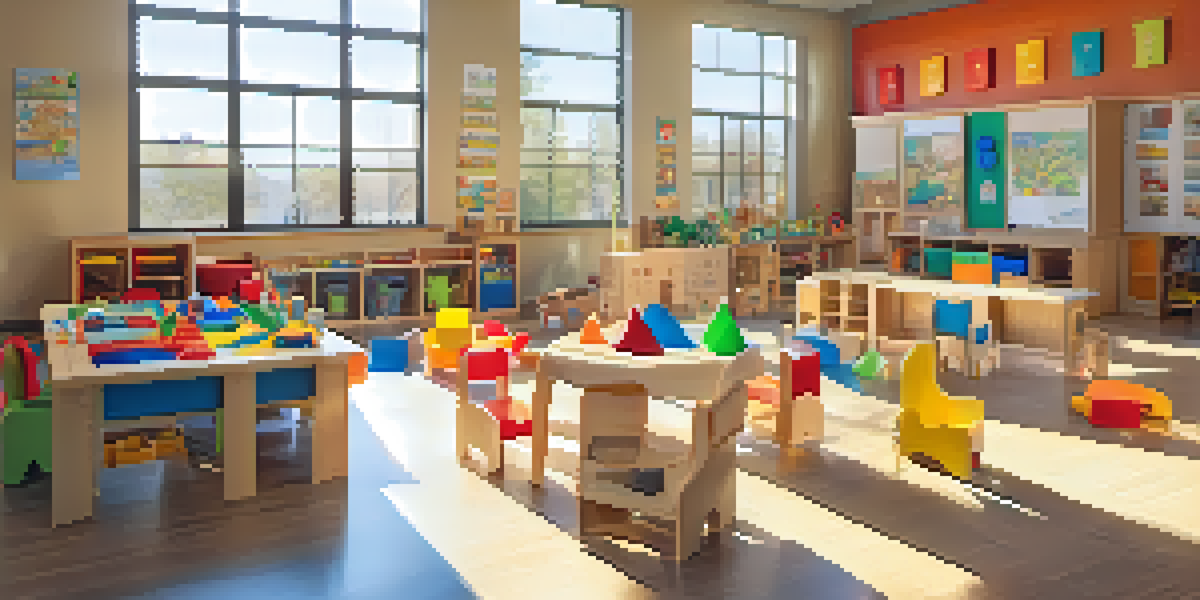 A lively classroom with children playing and learning through various activities like building, painting, and role-playing, with bright colors and natural light.