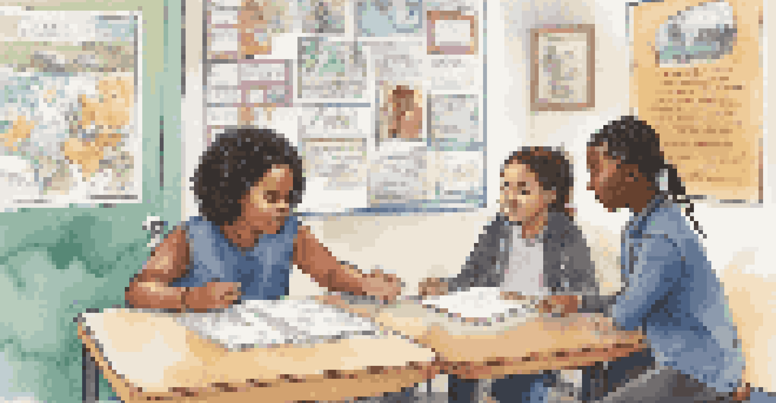 Two students role-playing a conflict resolution scenario in a cozy classroom, with a teacher observing.
