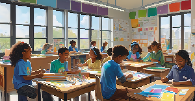 A diverse group of students actively collaborating on a science experiment in a colorful and bright classroom, showcasing teamwork and engagement.