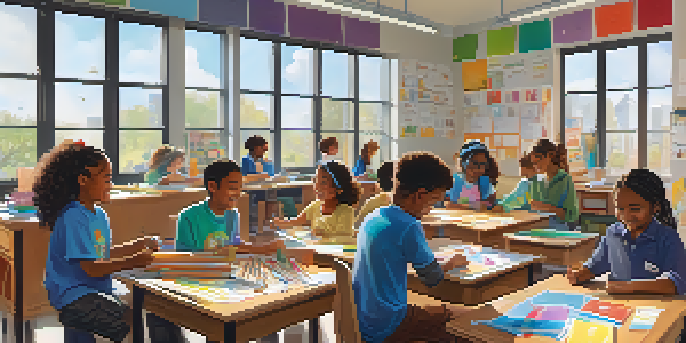 A diverse group of students actively collaborating on a science experiment in a colorful and bright classroom, showcasing teamwork and engagement.