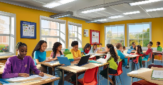 A diverse group of students in a well-lit classroom using tablets and laptops, collaborating on a project with educational posters on the walls.