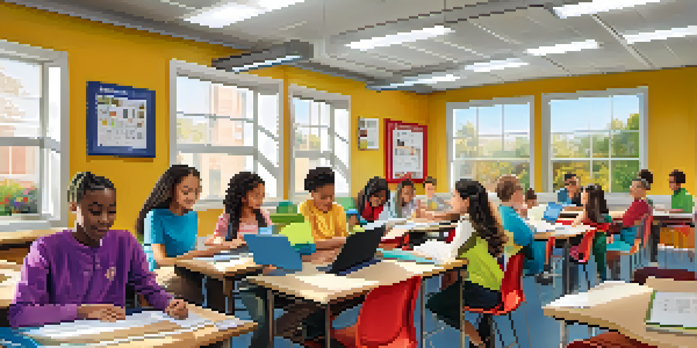 A diverse group of students in a well-lit classroom using tablets and laptops, collaborating on a project with educational posters on the walls.