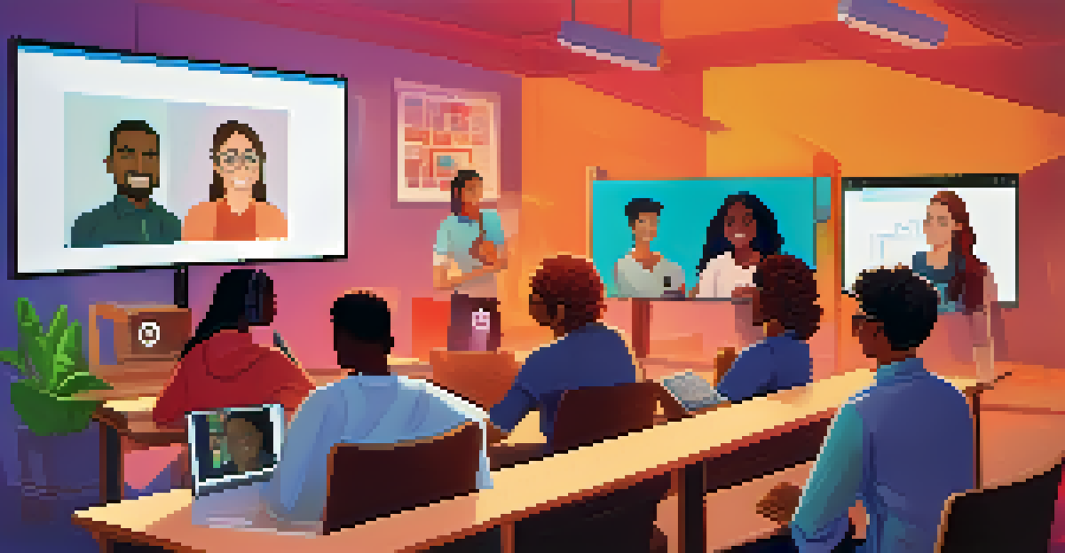 A diverse group of students in a video conference for online learning, with colorful backgrounds and engaging educational content on screen.